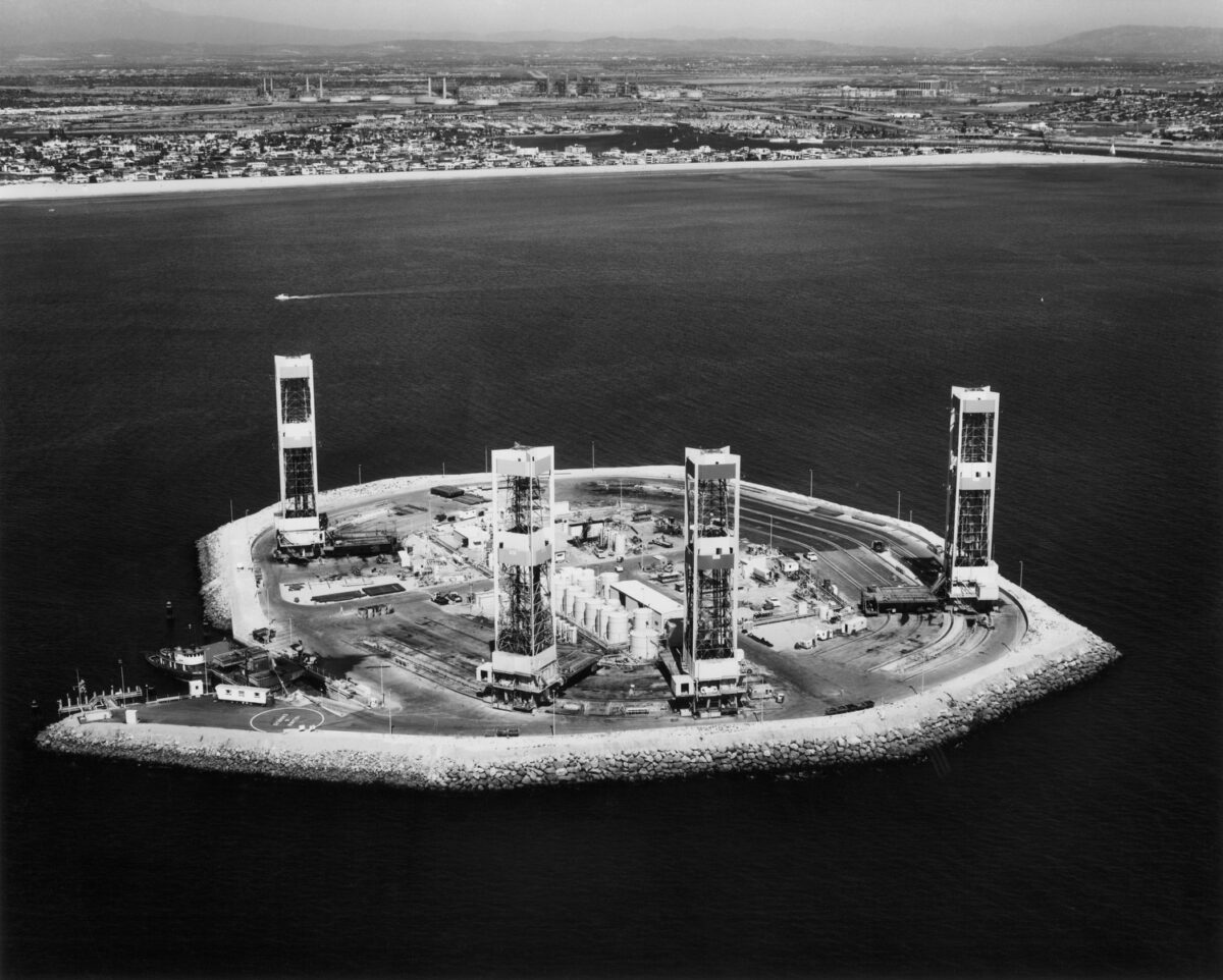 This photo shows construction of one of the oil islands in 1965 or 1966