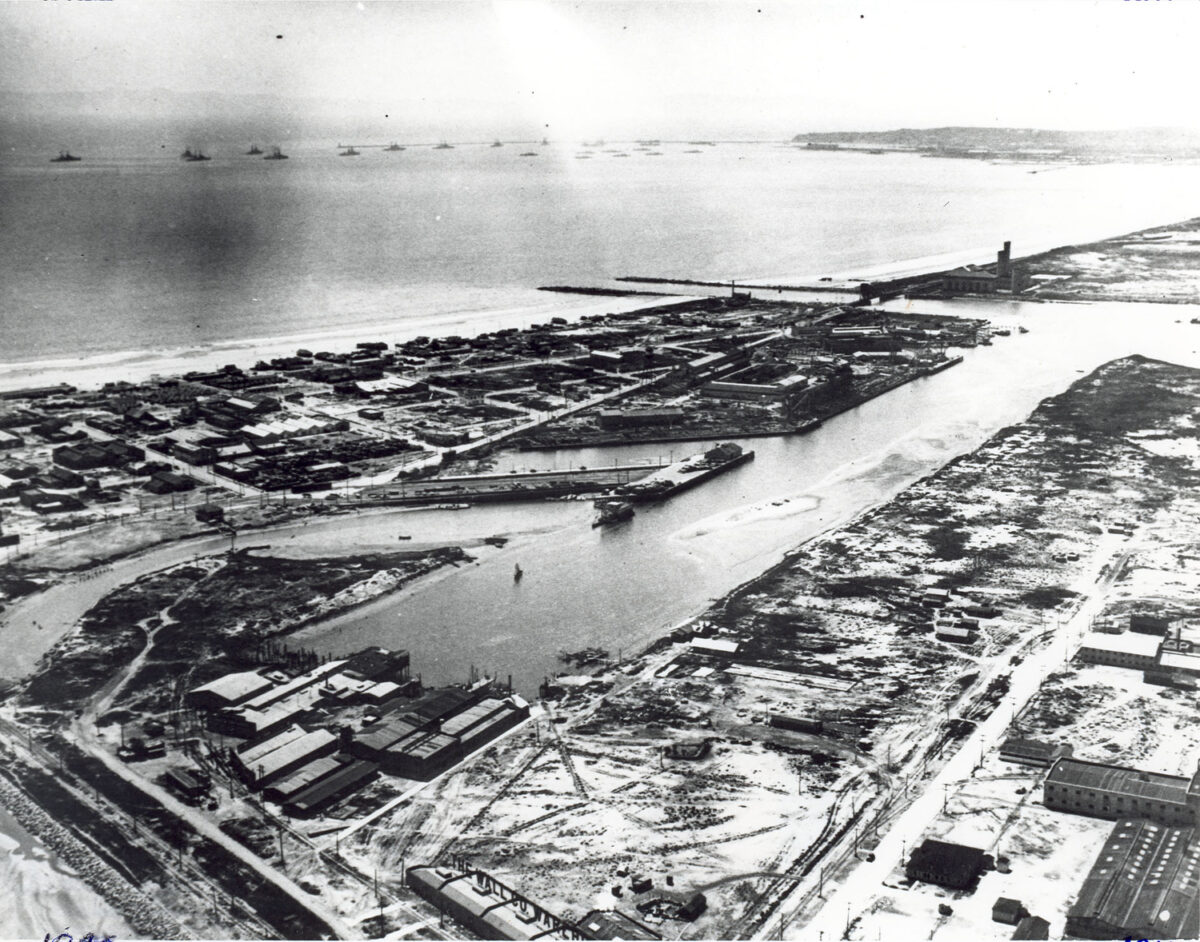 A U.S. Navy fleet is docked off Long Beach circa 1913, near the beginning of the Navy’s long history in the community.