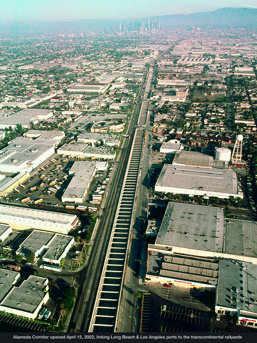 The Alameda Corridor opened in 2002, allowing freight trains to travel from the ports to transcontinental rail yards near downtown Los Angeles quickly, without disrupting road traffic