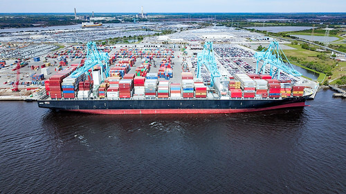 A berthed containership being served by three of JAXPORT’s cranes. (Photo: JAXPORT)