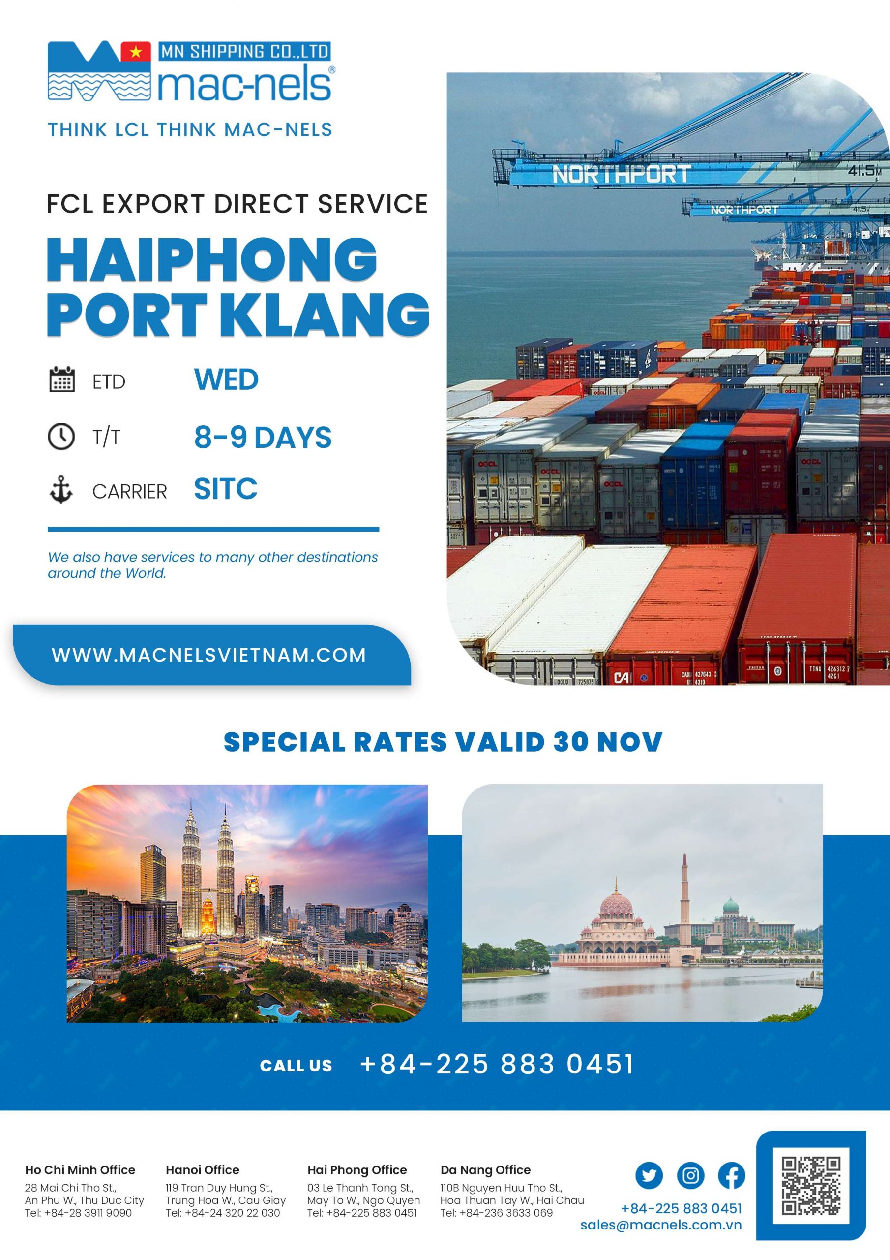 FCL Export Direct service from Haiphong to Port Klang